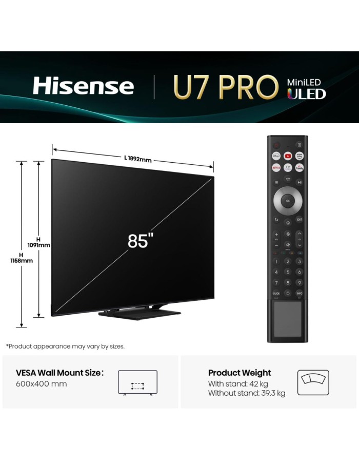 Hisense 85U7Q PRO 85'' 4K Smart QLED MINI LED 165hz TV