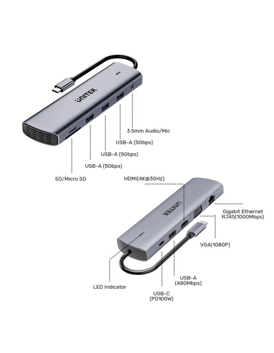 Unitek D1113B USB-C Hub USB3.0 HDMI/VGA, Gigabit Lan, SD Card, Audio & PD100W