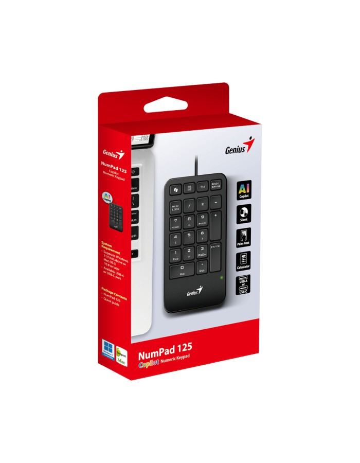 Genius Keyboard Numeric Pad Wired AI w/Palm Rest USB-A NumPad 125