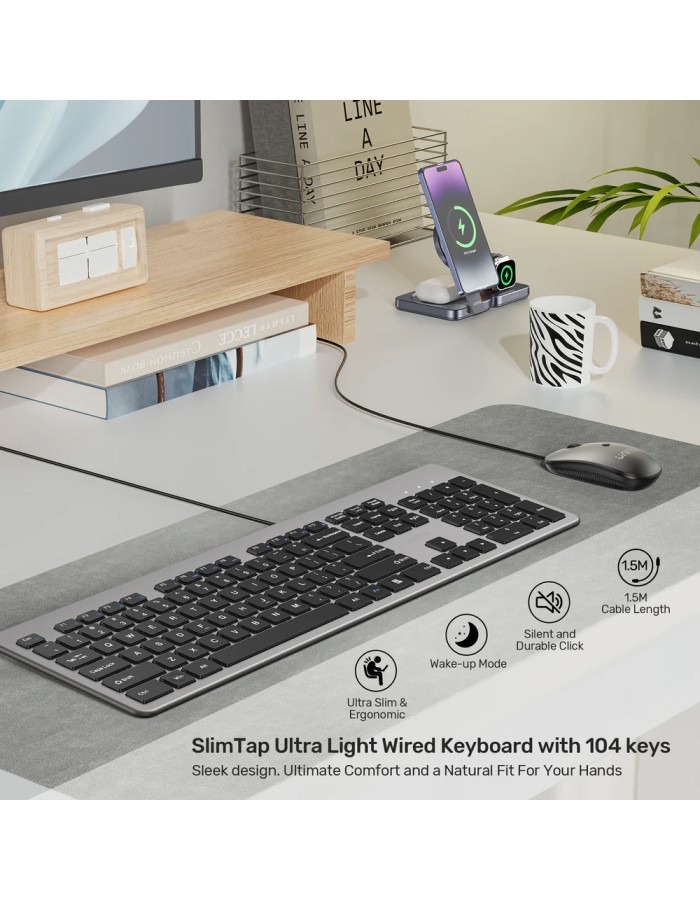 Unitek Keyboard Wired 104K USB-A English SlimTap T052 Space Grey