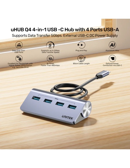 Unitek USB-C Hub 4xUSB-A 5Gbps & USB-C Power Port & 80cm Cable H1337B Unitek USB-C Hub 4xUSB-A 5Gbps & USB-C Power Port & 80cm Cable H1337B