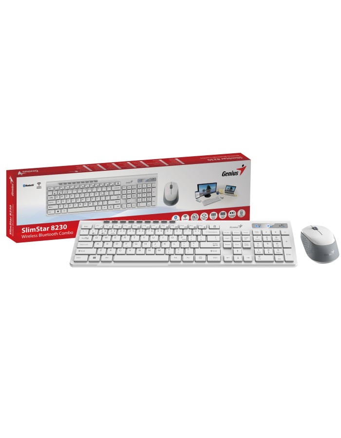 Genius Keyboard-Mouse Set Wireless+BT SlimStar 8230 White English Genius Keyboard-Mouse Set Wireless+BT SlimStar 8230 White English