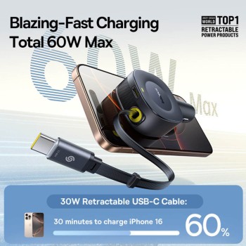 Baseus Car Charger 30W VR2 with Retractable Cable Black Baseus Car Charger 30W VR2 with Retractable Cable Black