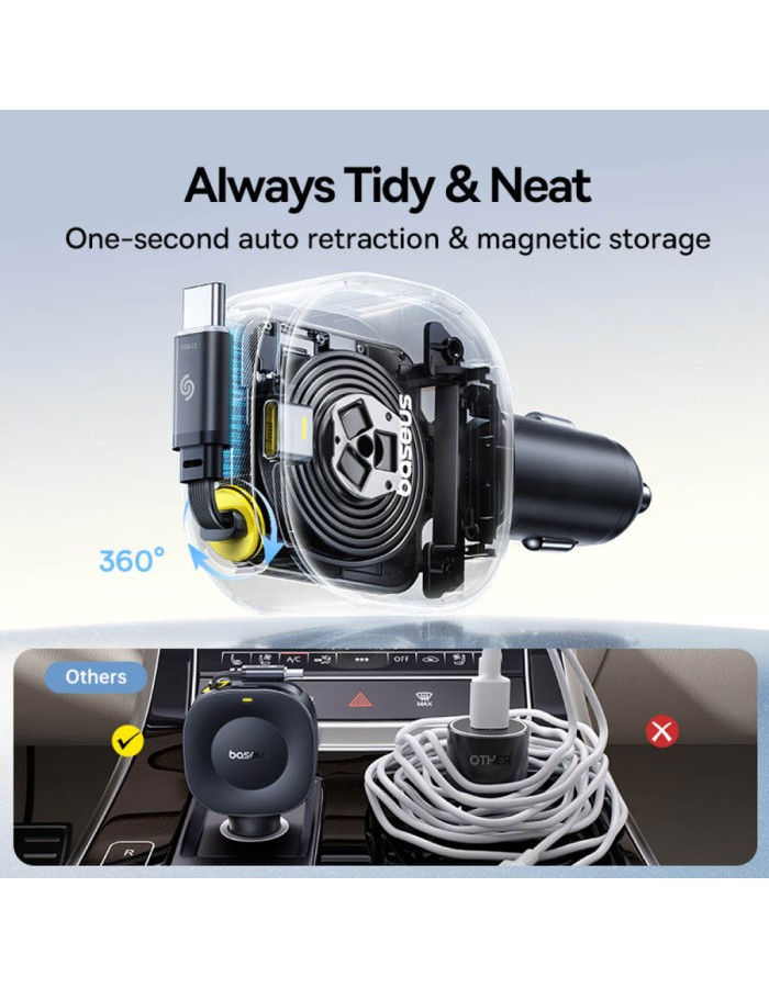 Baseus Car Charger 30W VR2 with Retractable Cable Black Baseus Car Charger 30W VR2 with Retractable Cable Black