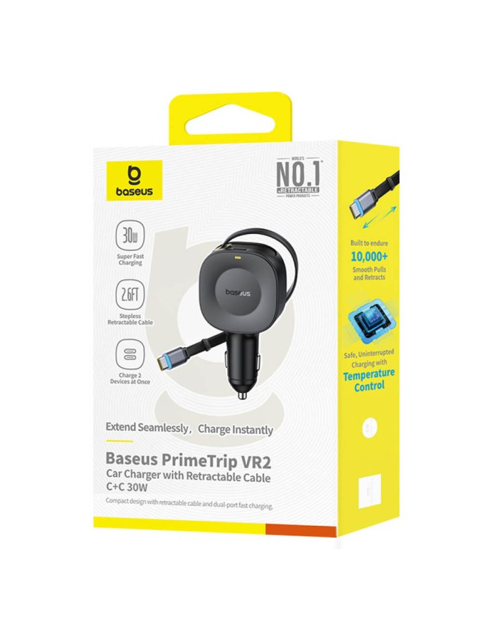 Baseus Car Charger 30W VR2 with Retractable Cable Black Baseus Car Charger 30W VR2 with Retractable Cable Black