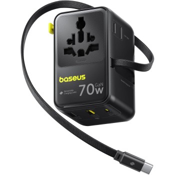 Baseus Charger Wall 70W EnerCore CG11 Universal Travel Adapter with Retractable Cable s Black