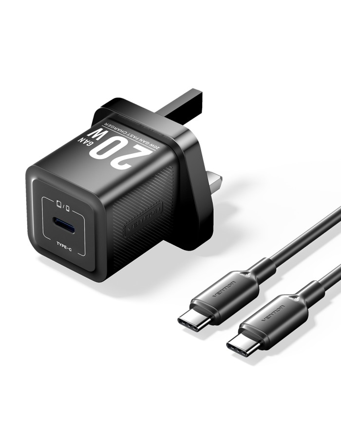 Vention Charger Wall GaN 20W 1xUSBC UK + USB-C 1m Cable Black FEPB0-UK-01