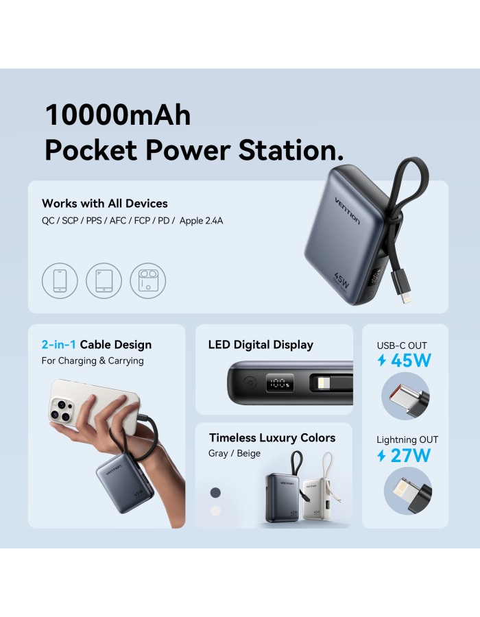 Vention Powerbank 10000mAh 45W Built-in USB-C & Lightning Cables FKMH0 Grey Vention Powerbank 10000mAh 45W Built-in USB-C & Lightning Cables FKMH0 Grey