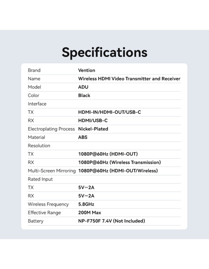Vention ADUB0 Professional Wireless HDMI Kit 5.8Ghz up to 200m & Camera Mountable Vention ADUB0 Professional Wireless HDMI Kit 5.8Ghz up to 200m & Camera Mountable