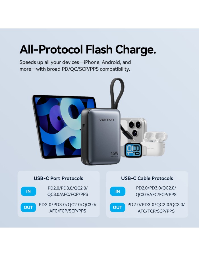 Vention Powerbank 10000mAh 45W Built-in USB-C & Lightning Cables FKMH0 Grey Vention Powerbank 10000mAh 45W Built-in USB-C & Lightning Cables FKMH0 Grey