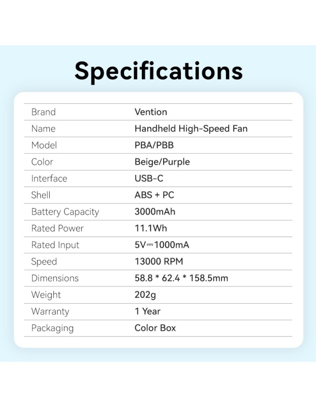 Vention Fan Portable & Adjustable High-Speed 13000 RPM with Display PBBV0