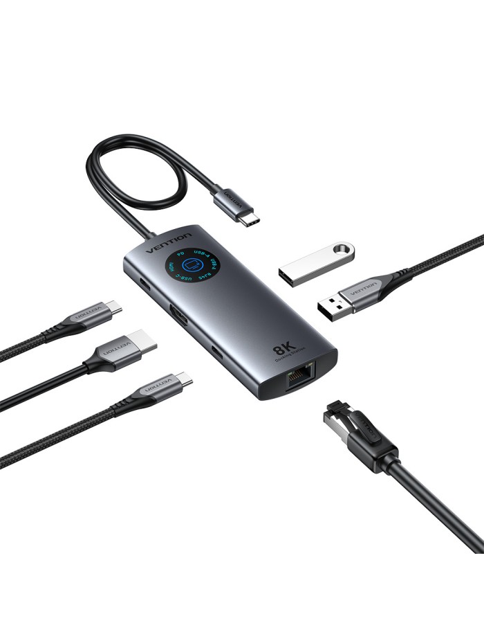 Vention HUB USB-C 3.2 Gen1/8K-HDMI/Gb/PD + LED Display & Switch TQZHB Vention HUB USB-C 3.2 Gen1/8K-HDMI/Gb/PD + LED Display & Switch TQZHB