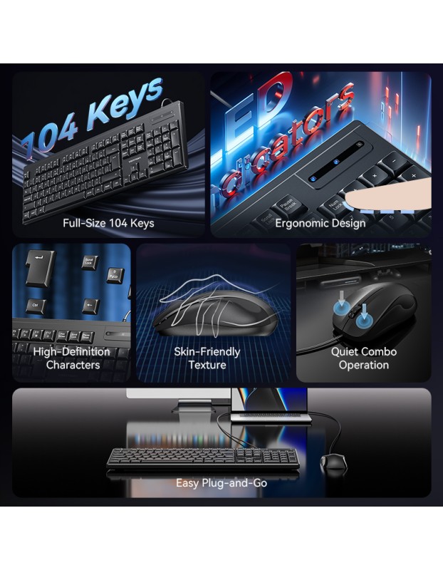 Vention Keyboard and Mouse Combo Wired Silent Slim Full Size KTYBG-EN