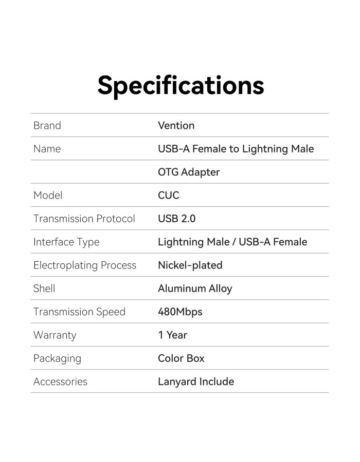 Vention Adaptor USB-A Female to Lightning Male OTG CUCH0