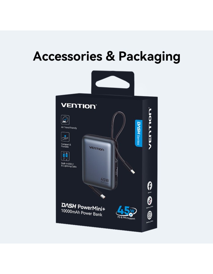 Vention Powerbank 10000mAh 45W Built-in USB-C & Lightning Cables FKMH0 Grey Vention Powerbank 10000mAh 45W Built-in USB-C & Lightning Cables FKMH0 Grey