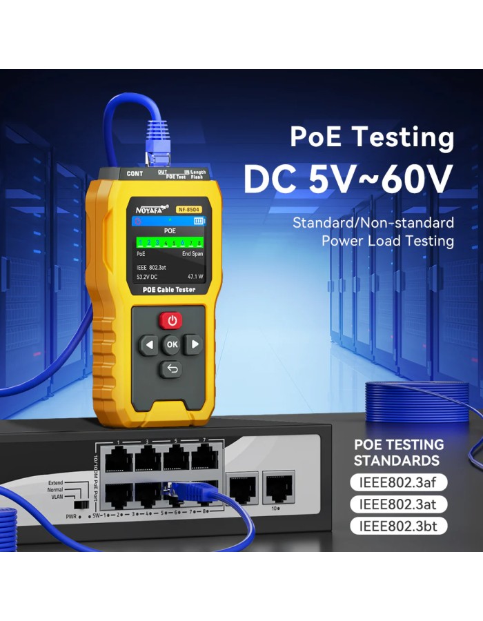 Noyafa Multi-Function Cable Tester for Continuity & Wiremap, PoE, Length Measurement, Port Flash, Color Screen & Rechargeable Battery NF-8504