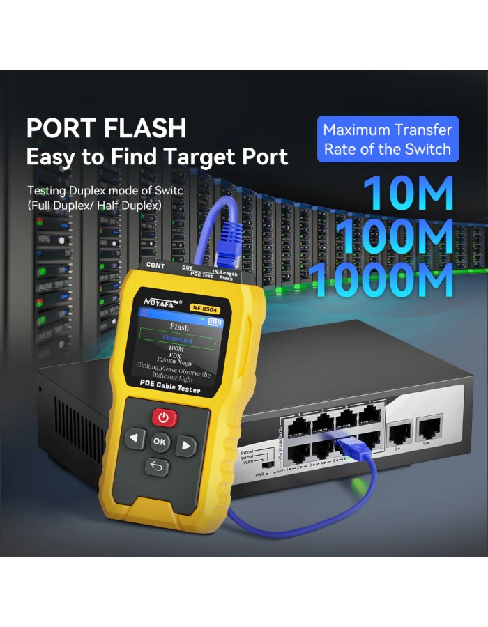 Noyafa Multi-Function Cable Tester for Continuity & Wiremap, PoE, Length Measurement, Port Flash, Color Screen & Rechargeable Battery NF-8504