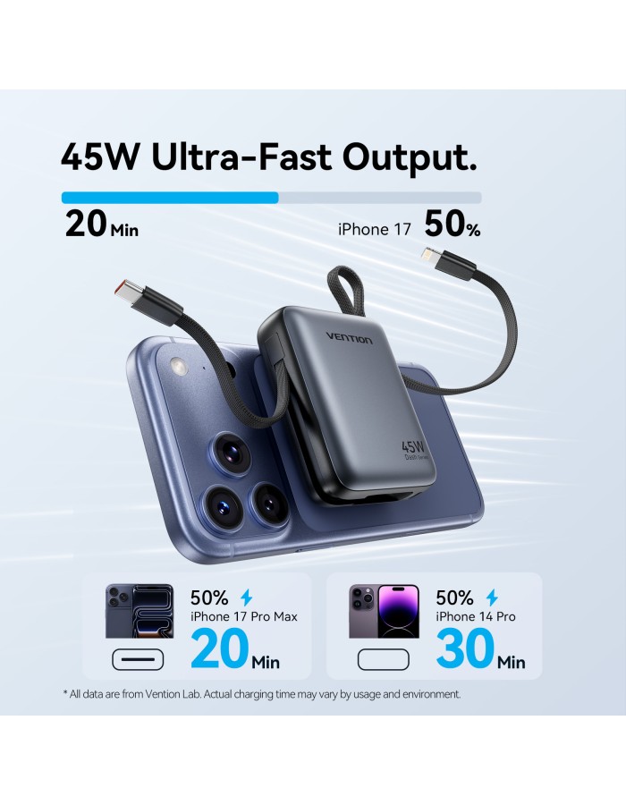 Vention Powerbank 10000mAh 45W Built-in USB-C & Lightning Cables FKMH0 Grey Vention Powerbank 10000mAh 45W Built-in USB-C & Lightning Cables FKMH0 Grey