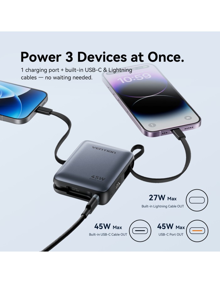Vention Powerbank 10000mAh 45W Built-in USB-C & Lightning Cables FKMH0 Grey Vention Powerbank 10000mAh 45W Built-in USB-C & Lightning Cables FKMH0 Grey