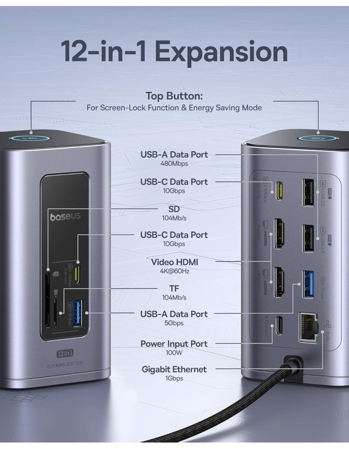 Baseus 12-in-1 USB Hub 2xUSB-C & 4xUSB-A 2 x 4K HDMI Gb Lan SD PD100W