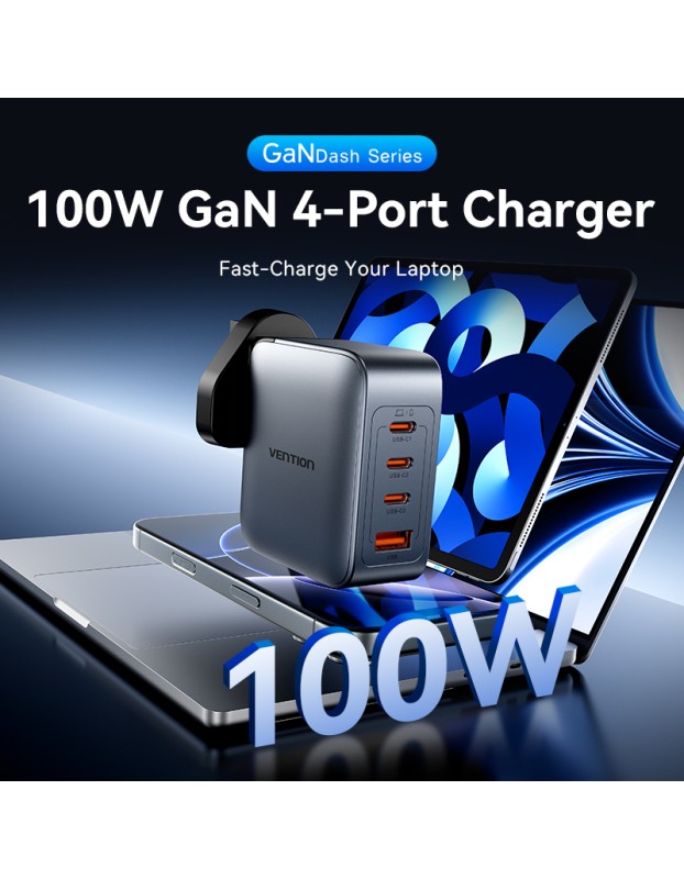 Vention Charger Wall GaN 100W 3xUSBC 1xUSBA Grey FETH0-UK Vention Charger Wall GaN 100W 3xUSBC 1xUSBA Grey FETH0-UK