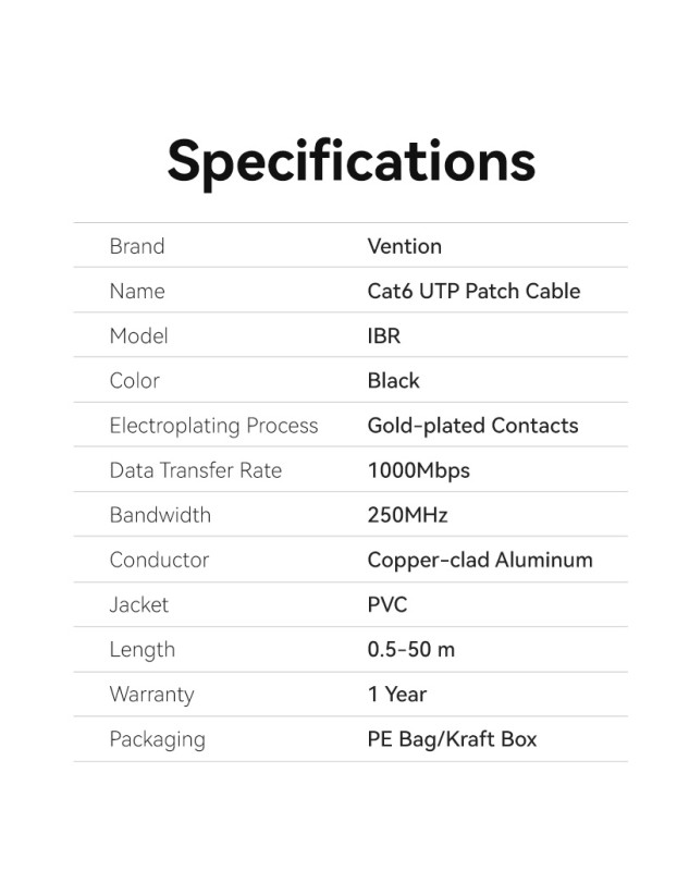 Vention NETWORK Cable CAT6 UTP 1.5m Black IBRBG Vention NETWORK Cable CAT6 UTP 1.5m Black IBRBG