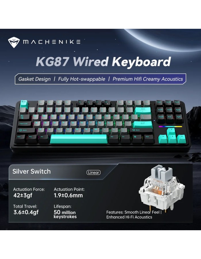 Machenike Wired Gaming Keyboard KG87,Gasket Design, Fully Hot-swappable Switches, Mechanical Silver Linear Switches