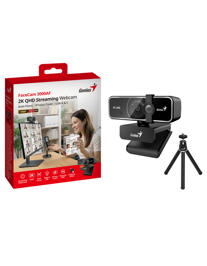 Genius PC Web Camera 2K with Tripod, AF USB-A+C FaceCam 3000AF Genius PC Web Camera 2K with Tripod, AF USB-A+C FaceCam 3000AF