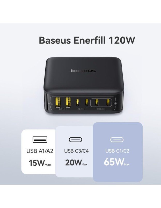 Baseus Charger Desktop 120W 4 USB C+2 USB A, PD3.0, GaN, EnerFill FH21 Cosmic Black Baseus Charger Desktop 120W 4 USB C+2 USB A, PD3.0, GaN, EnerFill FH21 Cosmic Black