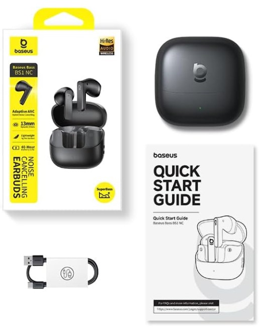 Baseus Headphones In Ear TWS, ANC, LDAC Hi-res Audio, IP55,40H Battery Life, 6-Mic AI ENC, Bass BS1 Black Baseus Headphones In Ear TWS, ANC, LDAC Hi-res Audio, IP55,40H Battery Life, 6-Mic AI ENC, Bass BS1 Black