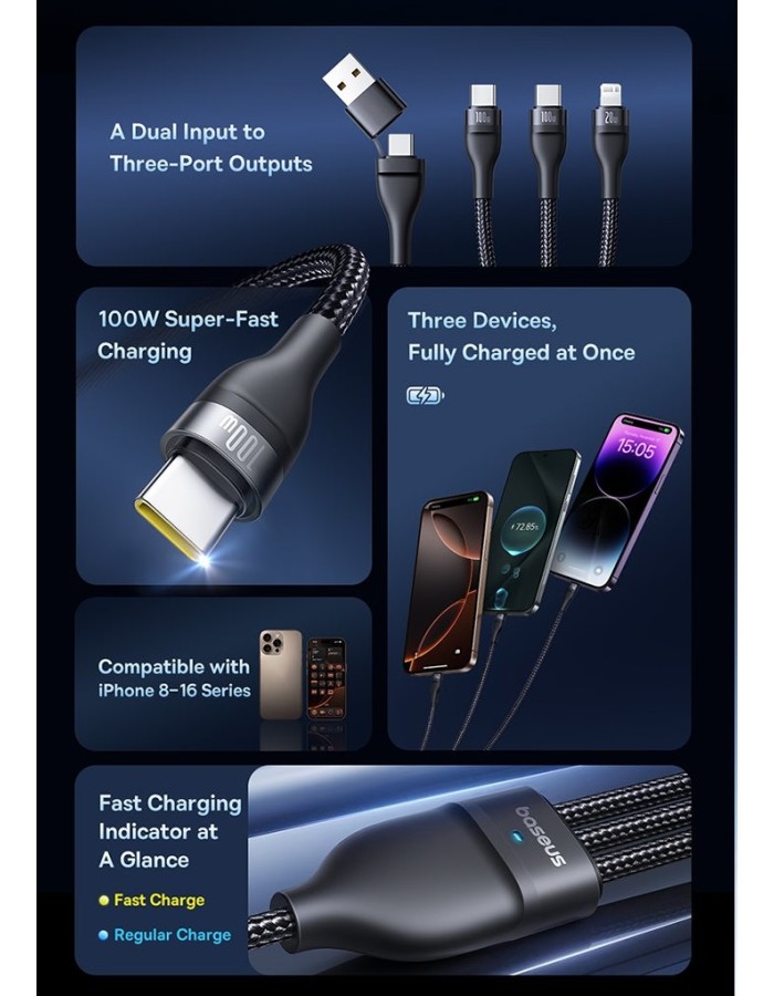Baseus Cable 3in1 USB-C/USB-C/Light to USB-C /USB A, Flash 3 Series 1.5m Black