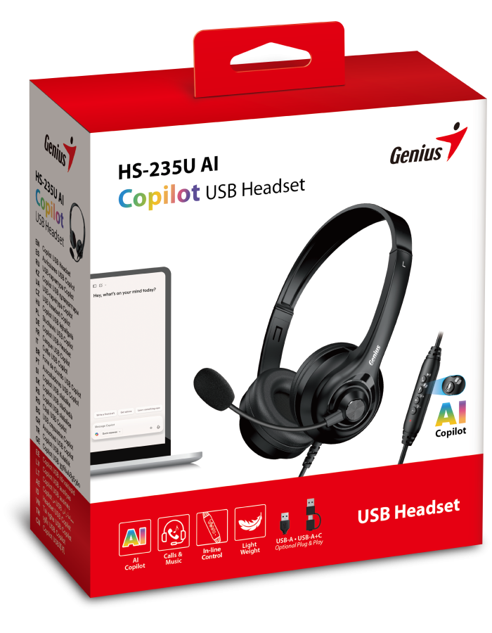 Genius PC Headset USB-A+C InLine Control & Ultra Soft Foam Cushions HS-235U AI (A+C)