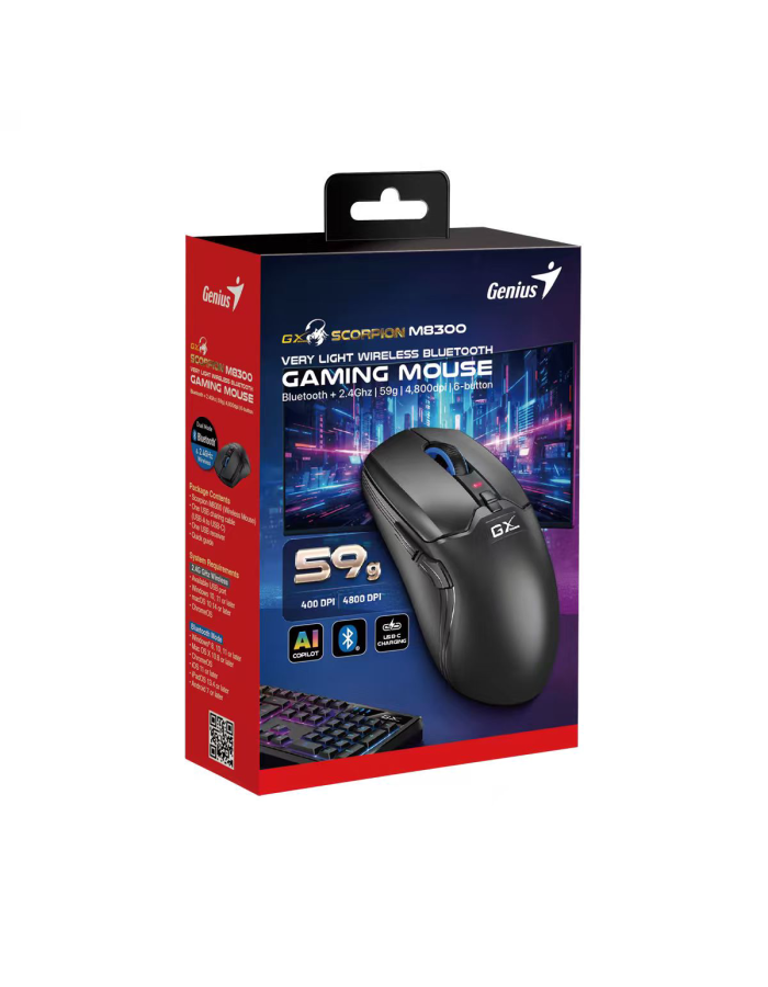 Genius Gaming Mouse Wireless+BT Rechargable & Lightweight RGB 4800DPI Scorpion M8300 Black Genius Gaming Mouse Wireless+BT Rechargable & Lightweight RGB 4800DPI Scorpion M8300 Black