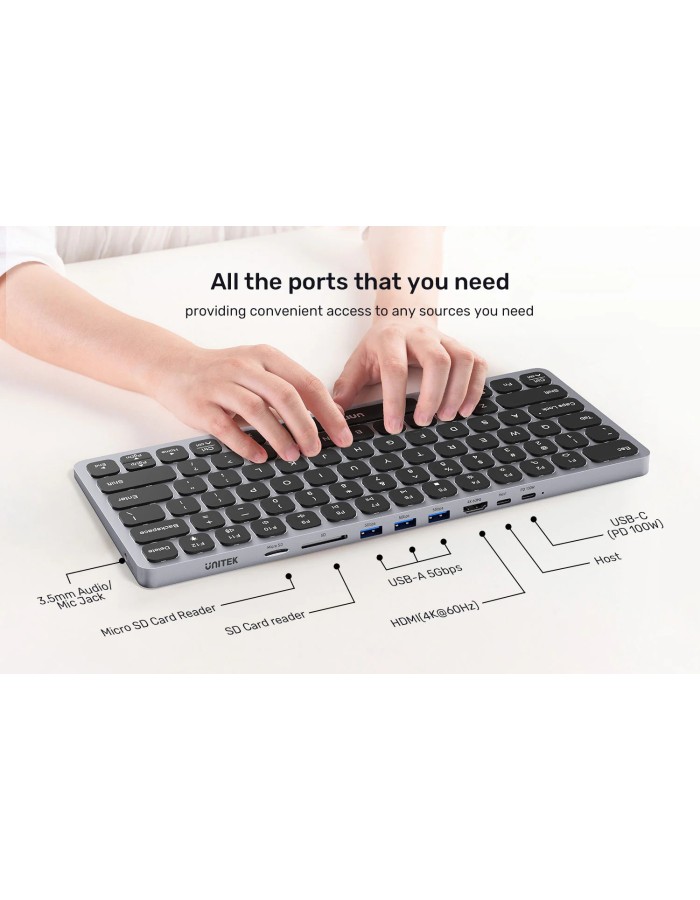 Unitek 9in1 Keyboard & USB-C 3.0 Hub 4x USB Ports HDMI 4K60Hz Card Reader & 100W PD D1092A