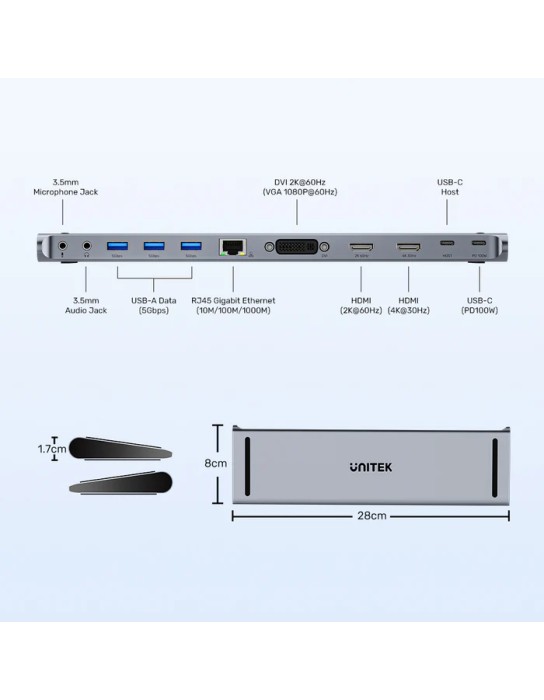 Unitek USB-C Hub Docking Station 11in1 USB3.0 2xHDMI/1xDVI/Gb Lan/Audio/PD100W D1147A Unitek USB-C Hub Docking Station 11in1 USB3.0 2xHDMI/1xDVI/Gb Lan/Audio/PD100W D1147A