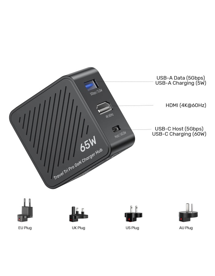 Unitek Charge Wall Travel GaN 65W USBCx1 USBAx1 HDMIx1 P1242 Black Unitek Charge Wall Travel GaN 65W USBCx1 USBAx1 HDMIx1 P1242 Black