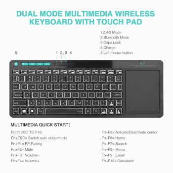 Rii Mini Keyboard Wireless 2.4GHz & Bluetooth with Large Touchpad & Media Keys RGB RT518S