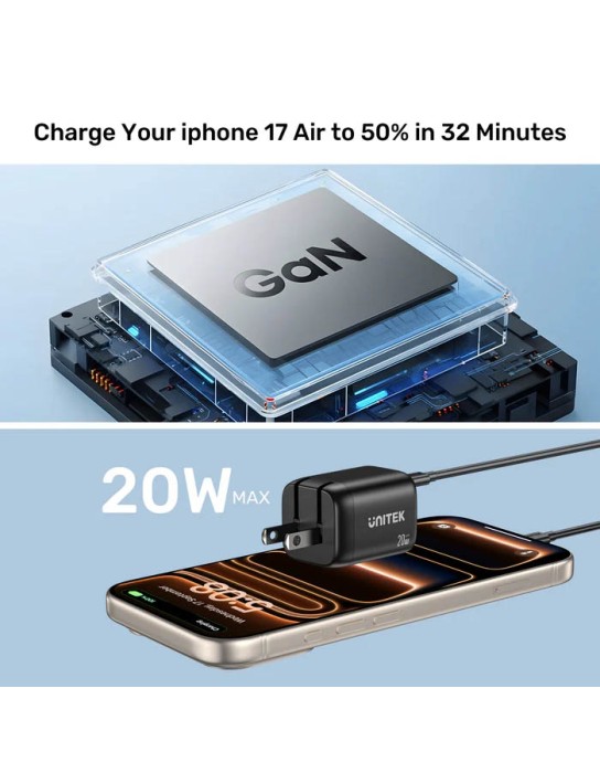 Unitek Charge Wall GaN 20W USBCx1 & USBAx1 UK P1128 Black