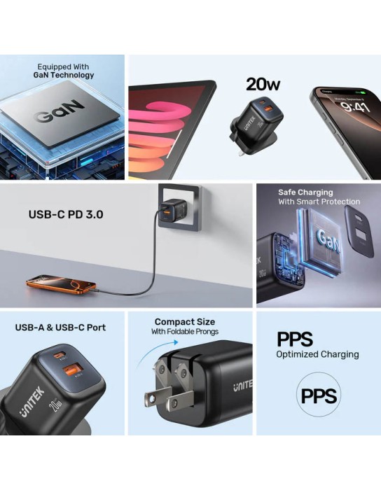 Unitek Charge Wall GaN 20W USBCx1 & USBAx1 UK P1128 Black