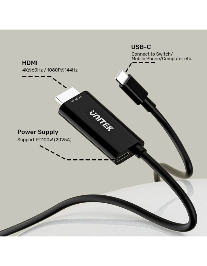 Unitek Converter USB-C to HDMI Cable 4K60Hz 2.0m + PD100W V1439A
