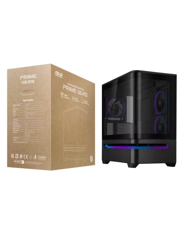 ASUS PC Case Prime mATX Panoramic Curved Tempered Glass Panels Aura Sync Light Band 3x Pre-Installed Fans USB-C AP202 ARGB Black ASUS PC Case Prime mATX Panoramic Curved Tempered Glass Panels Aura Sync Light Band 3x Pre-Installed Fans USB-C AP202 ARGB Black