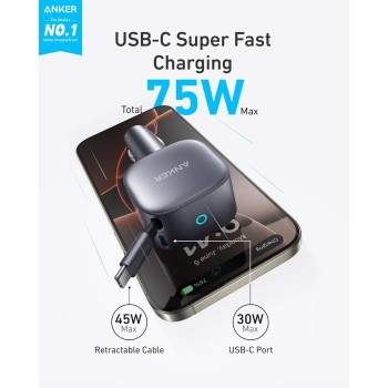 Anker Mobile Charger Car 75W with Built-In Retractable USB-C Cable