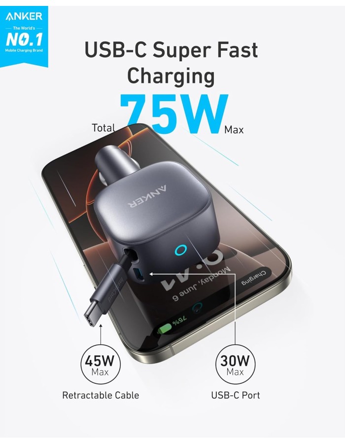 Anker Mobile Charger Car 75W with Built-In Retractable USB-C Cable