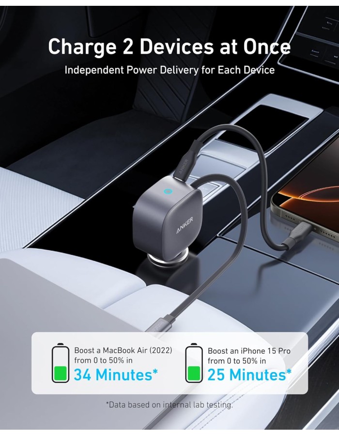 Anker Mobile Charger Car 75W with Built-In Retractable USB-C Cable