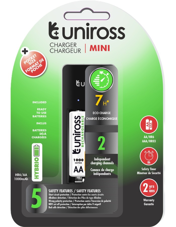 Uniross UCU001B USB Compact Mini Charger with 2x AAA 600 Batteries