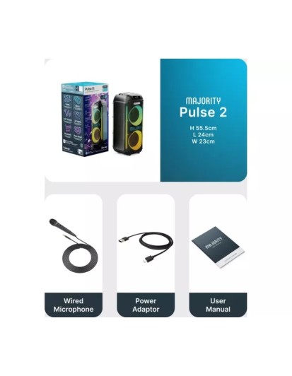 Majority Speakers Portable Karaoke PULSE P2 120W 2x6.5'' Wired Mic BT/USB/RGB UK