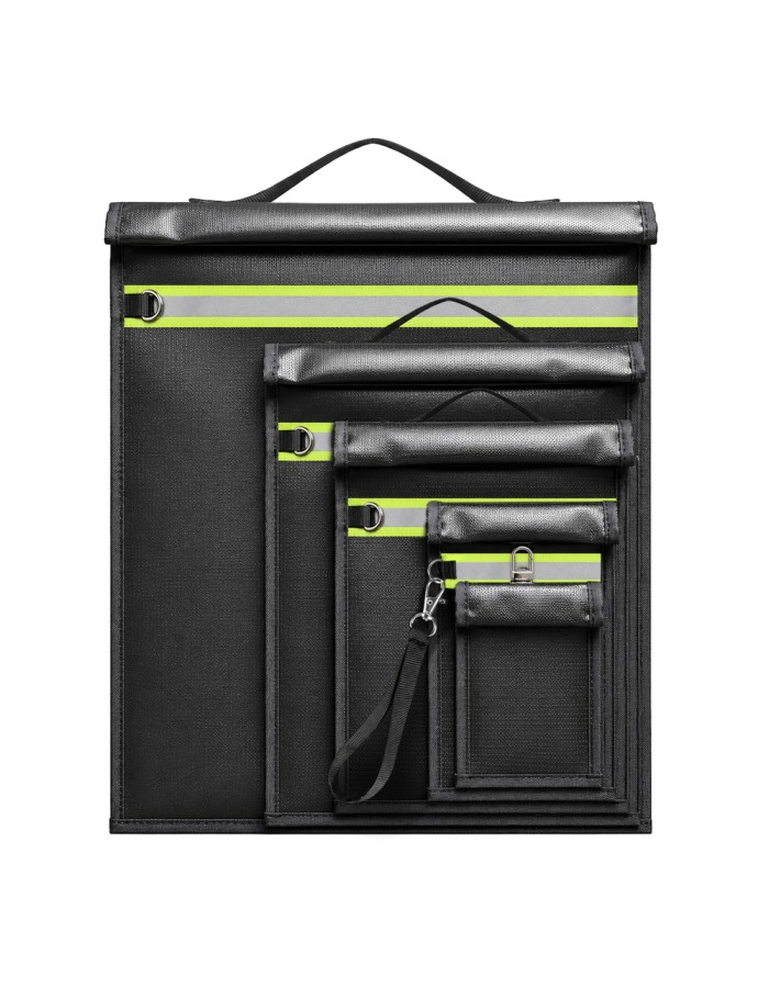 Set of 5 fireproof RFID signal blocking bags OTN-5R with handle and reflective strip - black Set of 5 fireproof RFID signal blocking bags OTN-5R with handle and reflective strip - black