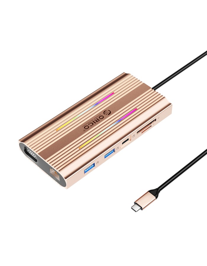 Orico XDR 12in1 RGB USB-C Docking Station USB-A USB-C PD 100W 2x HDMI 4K 60Hz VGA RJ45 Gigabit SD and microSD Card Reader - Rose Gold
