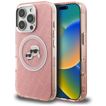 Karl Lagerfeld IML Glitter Karl &amp;amp; Choupette Heads Logo MagSafe Case for iPhone 16 Pro - Pink