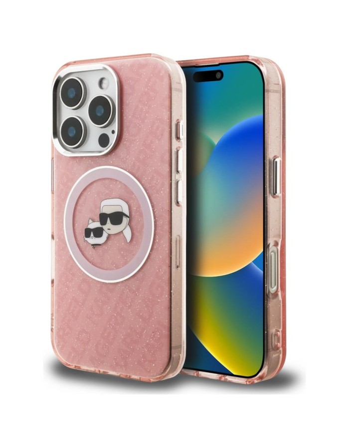 Karl Lagerfeld IML Glitter Karl &amp;amp; Choupette Heads Logo MagSafe Case for iPhone 16 Pro - Pink